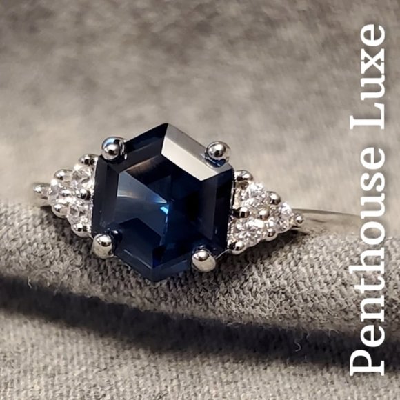 SOLID 925 Sterling Silver London Blue Topaz Hexagon White Topaz Ring - Picture 2 of 8